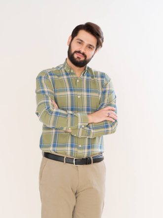 پیراهن یقه انگلیسی پارچه پنبه چهارخانه زمینه سبز کد PS21164