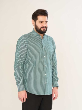 پیراهن یقه انگلیسی پارچه پنبه راه راه سفید و سبز کد PS21166