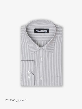 پیراهن تترون یقه انگلیسی کلاسیک راه راه طوسی سفید کد PC12340