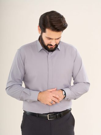 پیراهن یقه انگلیسی دکمه مخفی دوشین طوسی PC13097