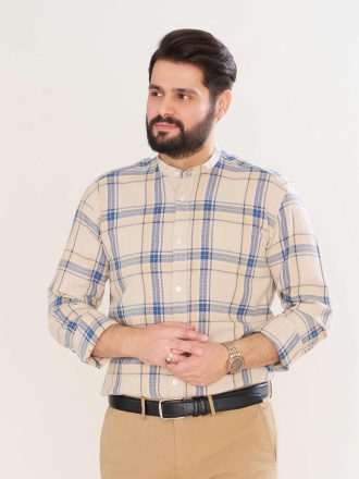 پیراهن پنبه چهارخانه زمینه کرم یقه فرنچ کد PS21161