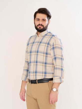 پیراهن یقه انگلیسی پارچه پنبه چهارخانه زمینه کرم کد PS21163