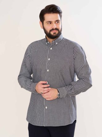 پیراهن یقه انگلیسی پارچه پنبه راه راه زمینه ذغالی کد PS21165