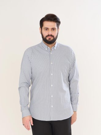 پیراهن یقه انگلیسی پارچه پنبه راه راه سفید و طوسی کد PS21174