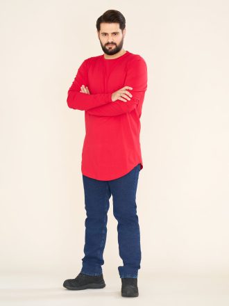 تیشرت لانگ با مچ رنگ قرمز (کدTS21026)