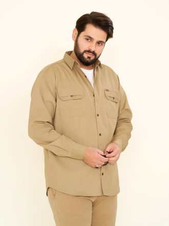 پیراهن کتان دوجیب طرح JEEP زمینه رنگ خردلی روشن (PD12048)