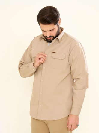 پیراهن کتان دوجیب طرح JEEP زمینه رنگ خاکی(PD12051)
