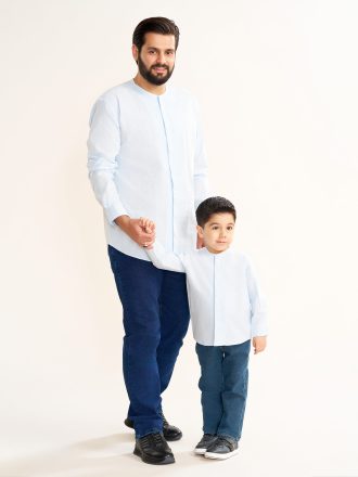 پیراهن هادی (تن پوش عربی بدون یقه) آستین بلند رنگ آبی روشن PS21202