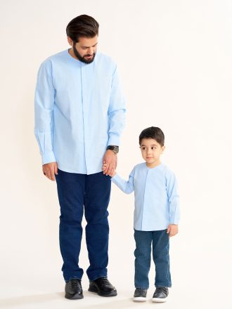 پیراهن هادی (تن پوش عربی بدون یقه) آستین بلند رنگ آبی آسمانی PS21203